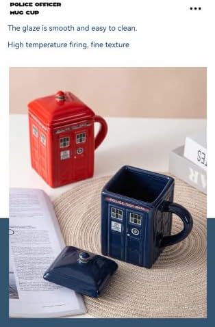 ספל קופסאות משטרת קרמיקה יצירתיות, כוס קפה ייחודית בסגנון עם מכסה, קיבולת 15.2oz, אידיאלית לעיצוב בית ומתנות