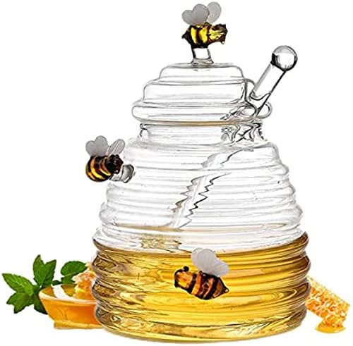 סיר דבש זכוכית-צנצנת דבש עם מיכל דבש וכף דבש / מתקן דבש שקוף עם מכסה / כוסות דבש בצורת כוורת להגשת דבש וסירופ