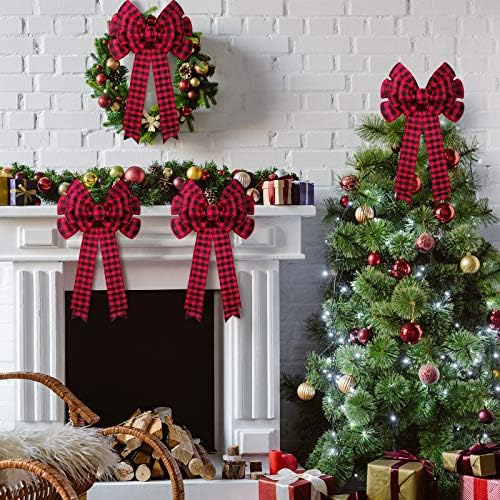 4 חתיכות חג המולד אדום ושחור באפלו קשתות משובצות 19.3 אינץ 'קשתות חג המולד זר משובץ דקורטיבי קשת עץ חג המולד קשתות לקשתות