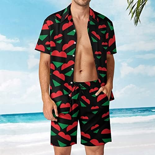 Weedkeycat דגל פאן-אפריקני לב תלבושות חוף גברים 2 חלקים כפתור הוואי מטה חולצה קצרה שרוול ומכנסיים קצרים.